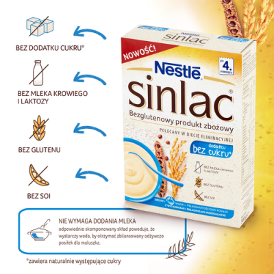 Miniaturka artykułu - #1 NESTLE SINLAC Bezglutenowy produkt zbożowy bez dodatku cukru dla niemowląt po 4. miesiącu życia, 300g