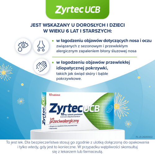 Miniaturka artykułu - #1 Zyrtec UCB 10 mg, 10 tabletek - lek na alergię