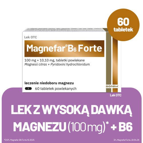 Miniaturka artykułu - #0 Magnefar B6 Forte, Leczy niedobory magnezu, 60 tabl.