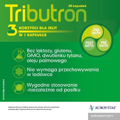 Zdjęcie produktu - 3 Tributron, 30 kapsułek - preparat pomagający przy wzdęciach, b&oacute;lach brzucha i zaparciach  