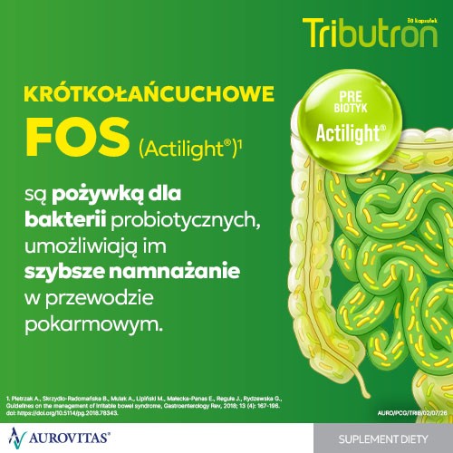 #5 – Tributron, 30 kapsułek - preparat pomagający przy wzdęciach, b&oacute;lach brzucha i zaparciach  
