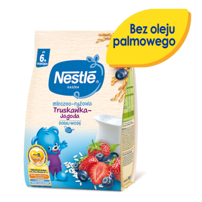 Zdjęcie produktu - 0 NESTLE Kaszka mleczno-ryżowa truskawka jagoda, 230g