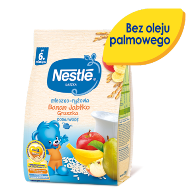 Zdjęcie produktu - 0 NESTLE kaszka mleczno-ryżowa banan jabłko gruszka po 6.miesiącu, 230g
