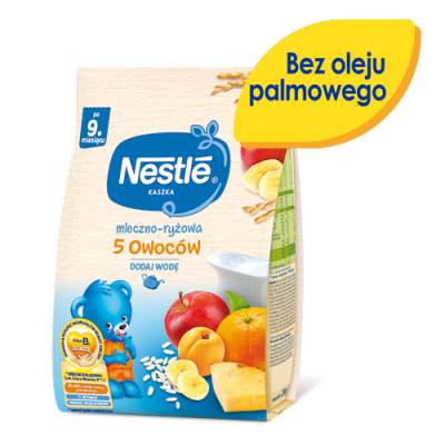 Zdjęcie produktu - 0 NESTLE Kaszka mleczno-ryżowa 5 owoc&oacute;w po 9. miesiącu, 230g