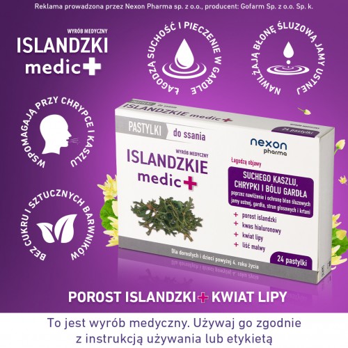 Miniaturka artykułu - #0 NEXON Islandzkie medic+ Porost islandzki, kaszel suchy, chrypka, 24 past. do ssania