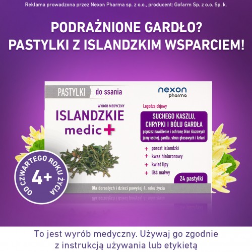 Miniaturka artykułu - #1 NEXON Islandzkie medic+ Porost islandzki, kaszel suchy, chrypka, 24 past. do ssania
