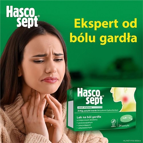 Miniaturka artykułu - #0 Hascosept - lek na b&oacute;l gardła, smak miętowy, 24past.