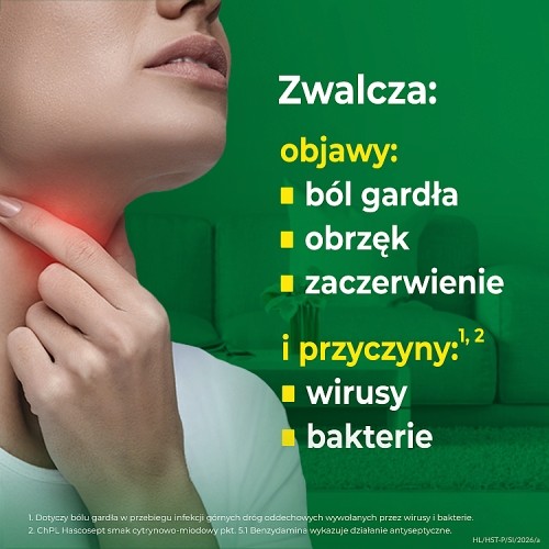 Miniaturka artykułu - #1 Hascosept - lek na b&oacute;l gardła, smak cytrynowo-miodowy, 24 pastylek