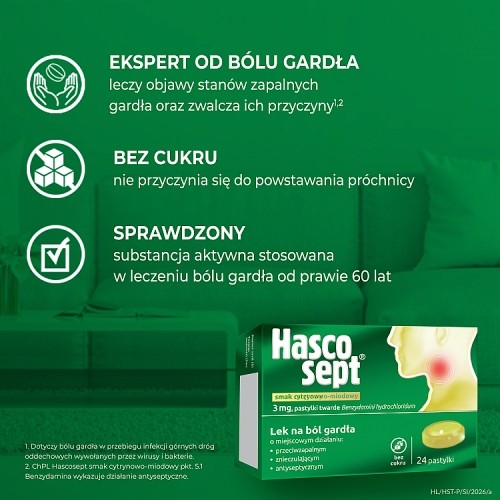 Zdjęcie produktu - 2 Hascosept - lek na b&oacute;l gardła, smak cytrynowo-miodowy, 24 pastylek
