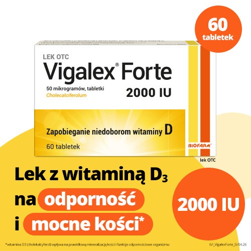 Miniaturka artykułu - #0 BIOFARM Vigalex Forte, Lek z witaminą D3 2000j.m., 60 tabletek