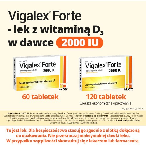 Zdjęcie produktu - 5 BIOFARM Vigalex Forte, Lek z witaminą D3 2000j.m., 60 tabletek