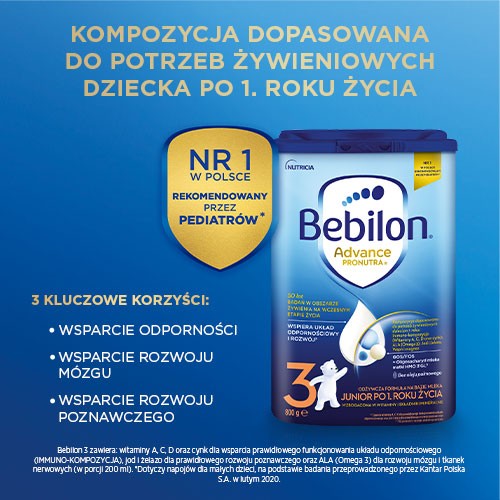 Miniaturka artykułu - #0 Bebilon 3 Pronutra Junior Formuła na bazie mleka po 1. roku życia, 800 g