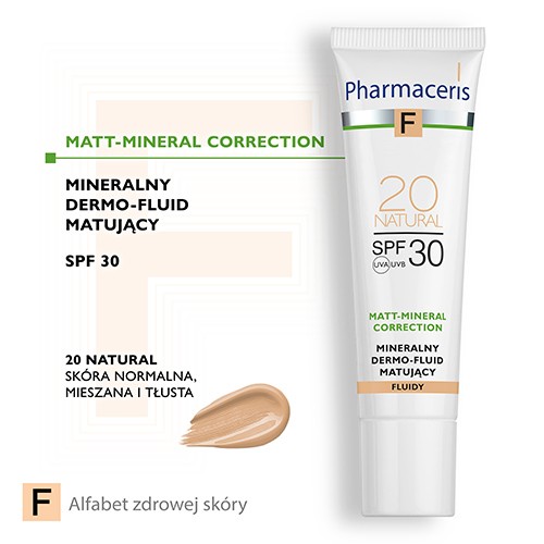 Miniaturka artykułu - #0 PHARMACERIS F Mineralny dermo-fluid matujący SPF30 - 20 Natural, 30ml 