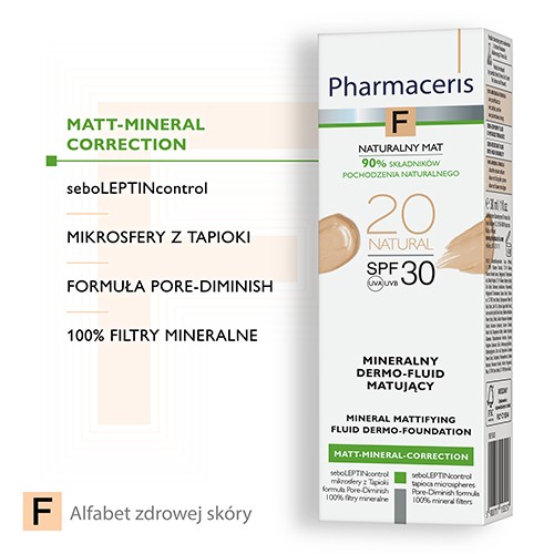 Miniaturka artykułu - #1 PHARMACERIS F Mineralny dermo-fluid matujący SPF30 - 20 Natural, 30ml 