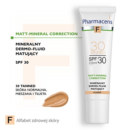 Miniaturka artykułu - #0 PHARMACERIS F Mineralny dermo-fluid matujący SPF30 - 30 Tanned, 30ml 