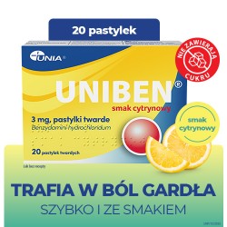 Zdjęcie produktu - #0 Uniben 3 mg smak cytrynowy, 20 pastylek do ssania - lek na b&oacute;l gardła