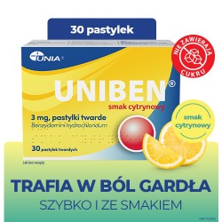 Zdjęcie produktu - #0 Uniben 3 mg smak cytrynowy, 30 pastylek do ssania - lek na b&oacute;l gardła