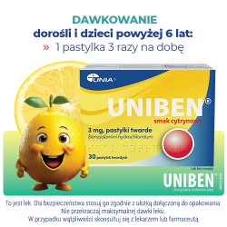 Zdjęcie produktu - #3 Uniben 3 mg smak cytrynowy, 30 pastylek do ssania - lek na b&oacute;l gardła