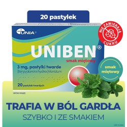 Zdjęcie produktu - #0 Uniben 3 mg smak miętowy, 20 pastylek do ssania - lek na b&oacute;l gardła