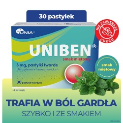Zdjęcie produktu - #0 Uniben 3 mg smak miętowy, 30 pastylek do ssania - lek na b&oacute;l gardła