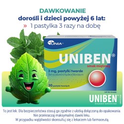 Zdjęcie produktu - #3 Uniben 3 mg smak miętowy, 30 pastylek do ssania - lek na b&oacute;l gardła