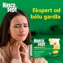 Zdjęcie produktu - #0 Hascosept - lek na b&oacute;l gardła, smak cytrynowo-miodowy, 24 pastylek