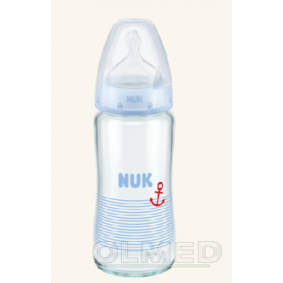 NUK FIRST CHOICE Butelka szklana niebieska 0-6m smoczek silikonowy M (745.054) - 240 ml 