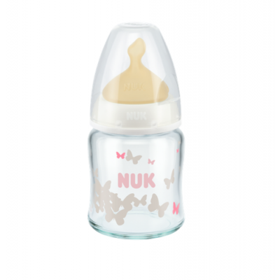 Miniaturka artykułu - NUK FIRST CHOICE Butelka szklana 0-6m smoczek lateksowy M (747.076) - 120 ml