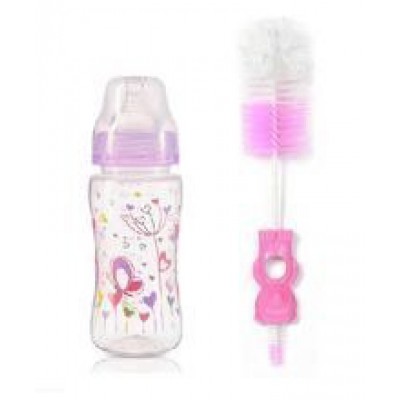 Miniaturka artykułu - BABYONO 404 Butelka 0m+ 300ml + szczotka r&oacute;żowa-1 szt.