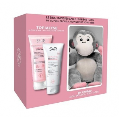 Miniaturka artykułu - SVR TOPIALYSE Zestaw z maskotką: Kojący balsam do mycia- 200ml + Regenerujący balsam do ciała- 200ml