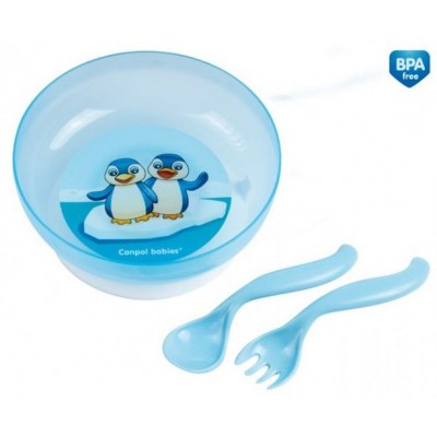 Miniaturka artykułu -  CANPOL BABIES Miseczka z przykrywką i sztućcami niebieski pingwin 21/300