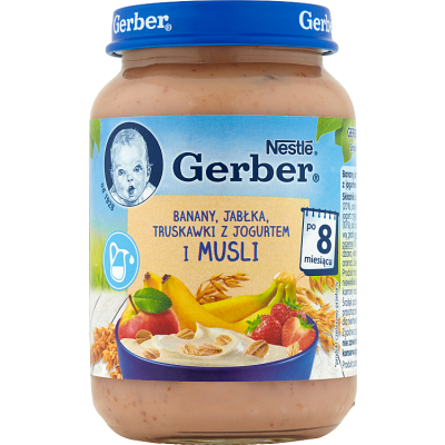 Miniaturka artykułu - Gerber Banany jabłka truskawki z jogurtem i musli po 8. miesiącu - 190 g