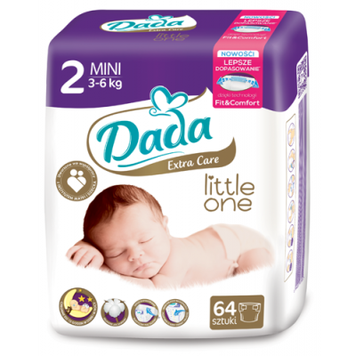 Miniaturka artykułu - DADA EXTRA CARE little one Pieluszki rozmiar 2 (3-6 kg) - 64 sztuki