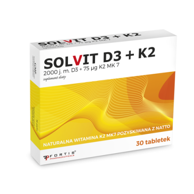Miniaturka artykułu - Solvit D3 + K2, 30 tabl. - preparat bogaty w witaminę D i K2 MK 7 