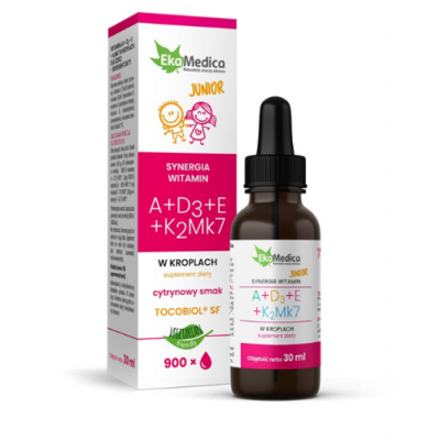 Miniaturka artykułu - EkaMedica Witaminy JUNIOR A+D3+E+K2Mk7 krople, 30ml