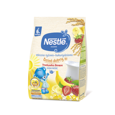 Miniaturka artykułu - NESTLE Kaszka mleczno-ryżowo-kukurydziana banan/truskawka po 6. miesiącu, 230g