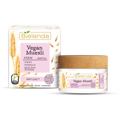 BIELENDA  VEGAN MUESLI - krem matujący - PSZENICA + OWIES + MLECZKO RYŻOWE, 50ml