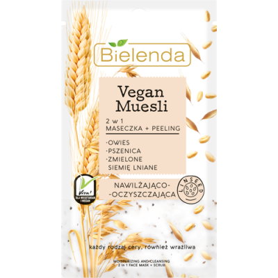 Miniaturka artykułu - BIELENDA  VEGAN MUESLI - 2 w 1 maseczka nawilżająca + peeling oczyszczający - PSZENICA + OWIES + SIEMIĘ LNIANE, 8g