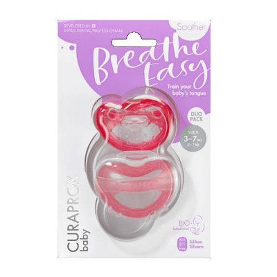Miniaturka artykułu - CURAPROX Baby Breathe Easy Smoczki r&oacute;żowy 0-7 miesięcy - rozmiar 0, 2 sztuki