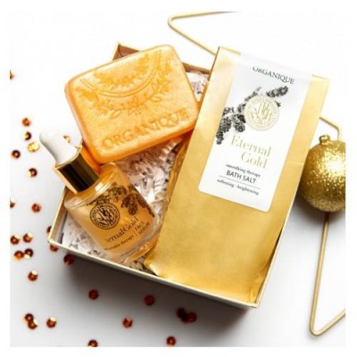 Miniaturka artykułu - ORGANIQUE Zestaw Sztabka Złota: serum do twarzy, 30ml + s&oacute;l do kąpieli, 200g + mydło glicerynowe, 100g