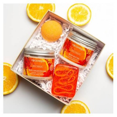 ORGANIQUE Zestaw Pachnący wiecz&oacute;r: peeling cukrowy, 200ml + masło do ciała, 200ml + kula do kąpieli, 70g + mydło glicerynowe, 100g