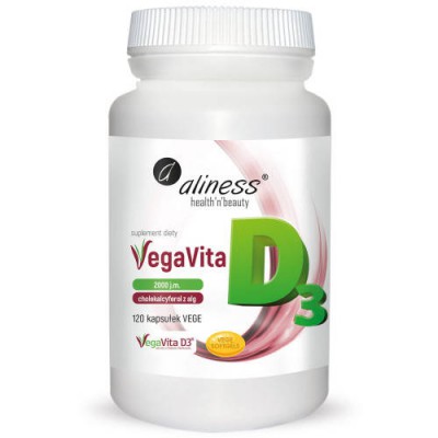 Miniaturka artykułu - ALINESS Naturalna witamina D3 VegaVita 2000j.m., 120kaps. vege.