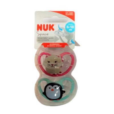 Miniaturka artykułu - NUK SPACE Smoczek silikonowy uspakajający 6-18m r&oacute;żowy i niebieski - girl, 2 sztuki