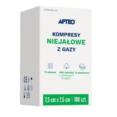 Miniaturka artykułu - APTEO CARE Kompresy niejałowe z gazy 7,5cm x 7,5cm, 100 sztuk