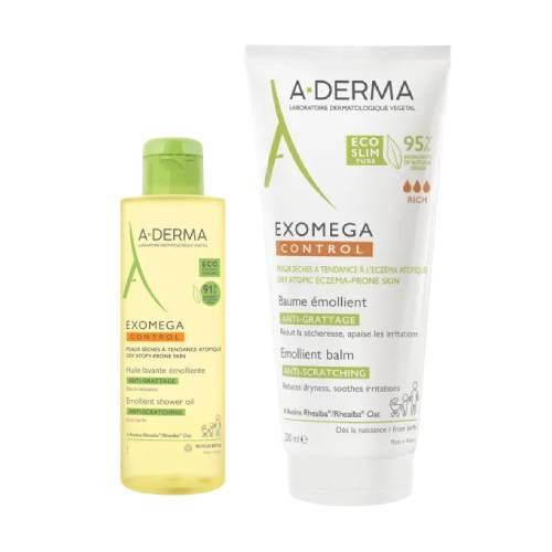 Miniaturka artykułu - A-Derma Exomega Control Zestaw Balsam emolient przeciw drapaniu, 200 ml + Olejek emolient pod prysznic, 50 ml