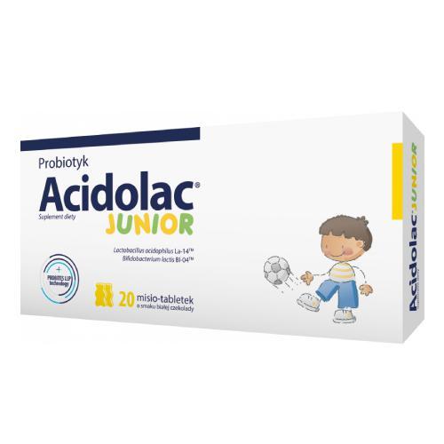 Miniaturka artykułu - Acidolac Junior o smaku białej czekolady, 20 tabletek KR&Oacute;TKA DATA 30.09.2026