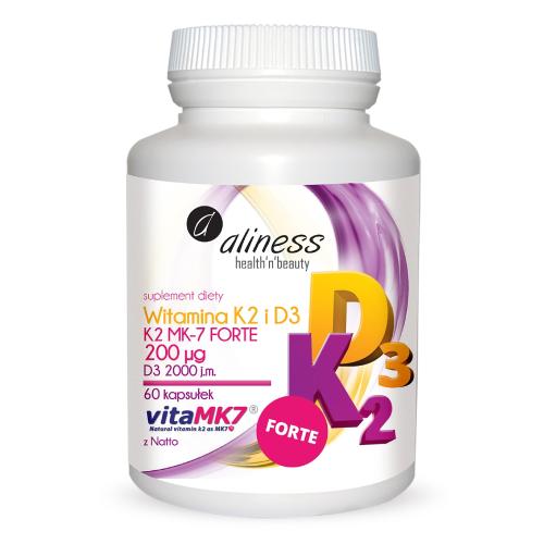 Miniaturka artykułu - ALINESS Witamina K2 + D3 Forte K2 MK-7 200 µg z Natto, 60 kapsułek