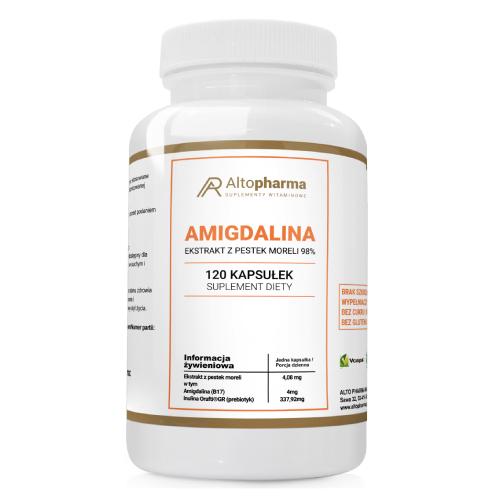 Miniaturka artykułu - ALTOPHARMA Amigdalina 4mg Witamina B17 Ekstrakt z pestek moreli 98% + prebiotyk, 120 kaps.
