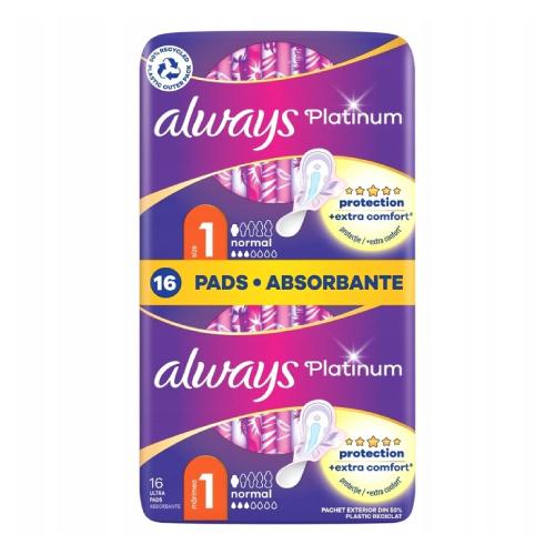 Miniaturka artykułu - ALWAYS Platinum Normal (rozmiar 1) Podpaski ze skrzydełkami, 16 sztuk