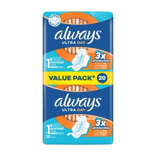 Miniaturka artykułu - Always Podpaski Ultra Day Normal rozmiar 1 ze skrzydełkami, 20 szt.